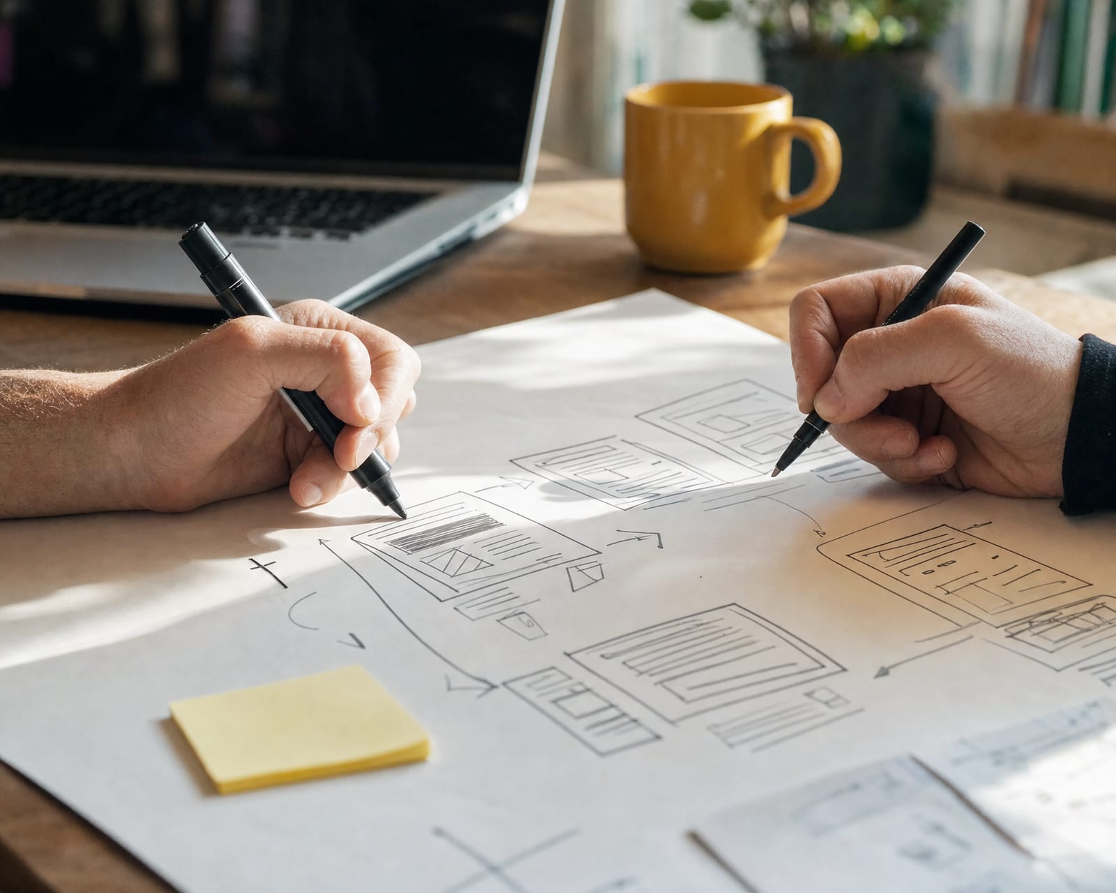 Hands sketching a product roadmap on paper